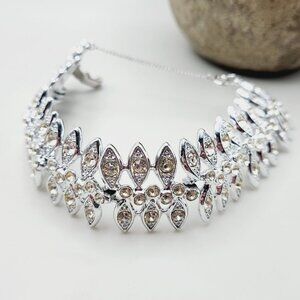 Vintage Sarah Coventry Sparkly Clear Crystal Rhinestone Wide Silver Tone Bracele